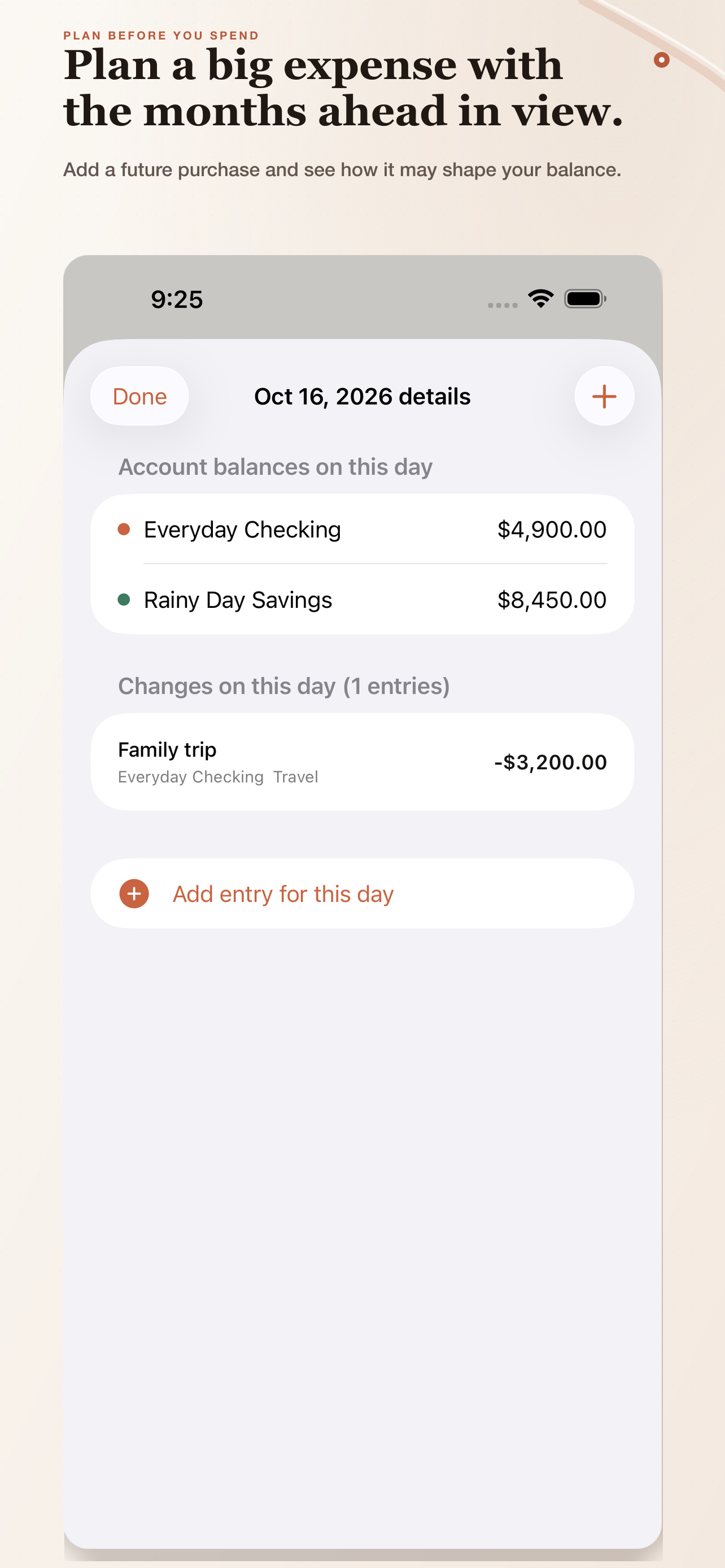 Balance Window day detail showing a planned Family trip expense